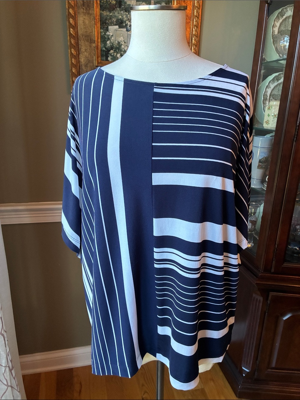 Chico's Navy and White Striped Boatneck Tunic Size 1 (8-10)